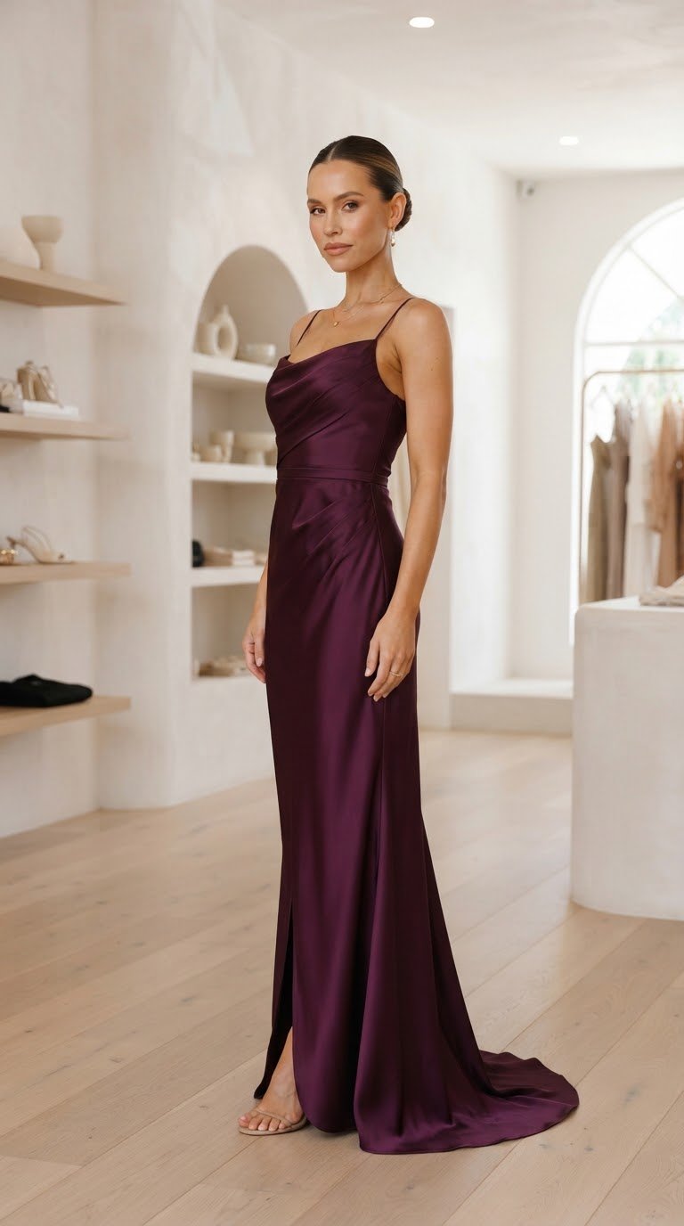 Bespoke deep plum silk evening gown, editorial shot